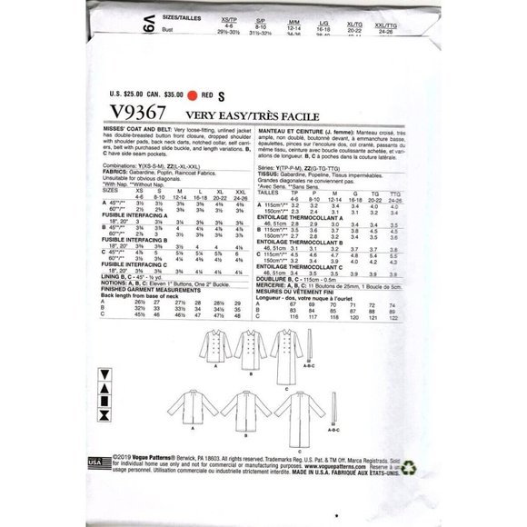 Vogue V9367 Double Breasted Belted Coat - Size XS to M Uncut Sewing Pattern - Picture 2 of 2